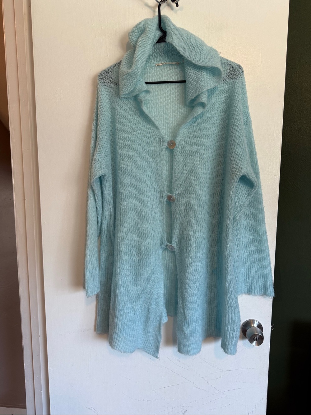 Soft surroundings light blue loose knit lightweight hooded button cardigan